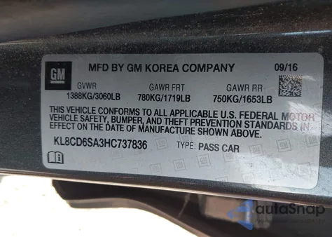 2017 Chevrolet Spark 1Lt Cvt из США, поврежденный, VIN KL8CD6SA3HC737836